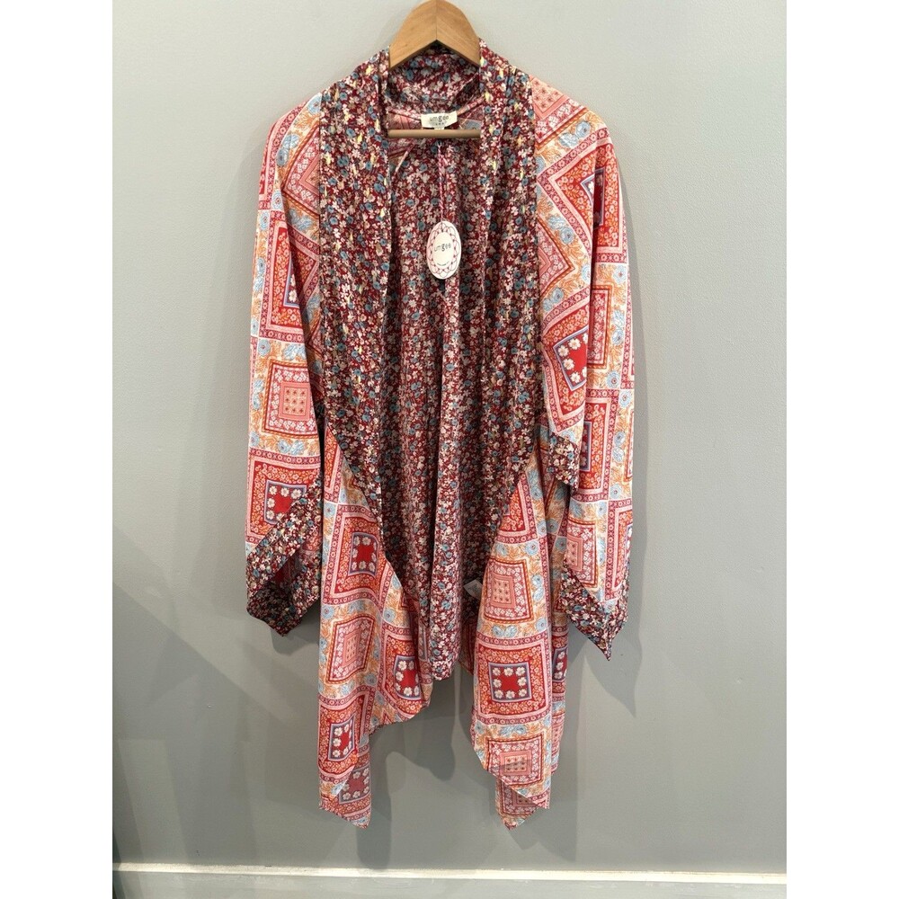 Umgee Kimono Handkerchief Hem Floral Retro Boho Peach Patchwork NWT Flowy S/M